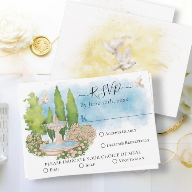 Elegante Brunnen-Blume, Tauben Sommerhochzeit RSVP Karte (Von Creator hochgeladen)