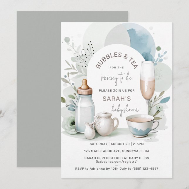 Elegante Bubbles und Tea Baby Shower Green Einladung (Vorne/Hinten)