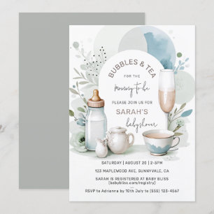 Elegante Bubbles und Tea Baby Shower Green Einladung