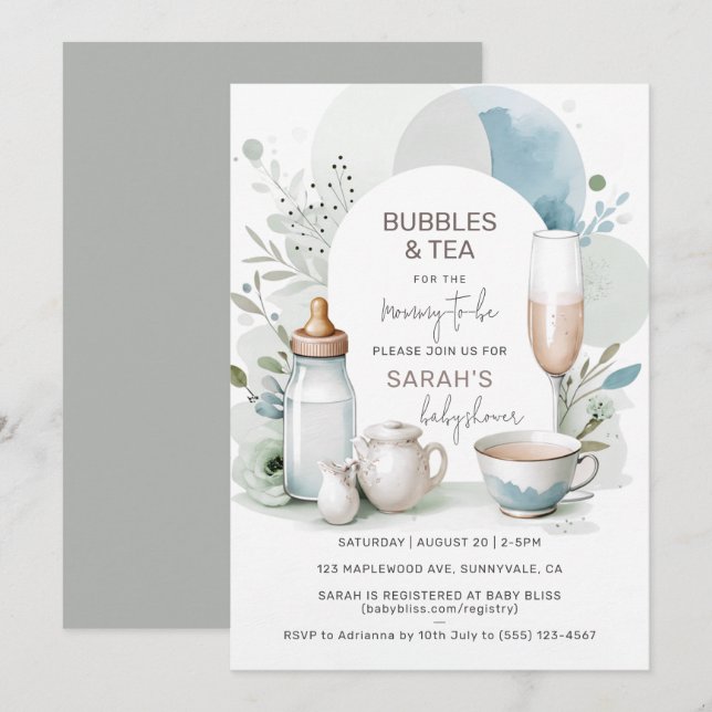 Elegante Bubbles und Tea Baby Shower Green Einladung (Vorne/Hinten)