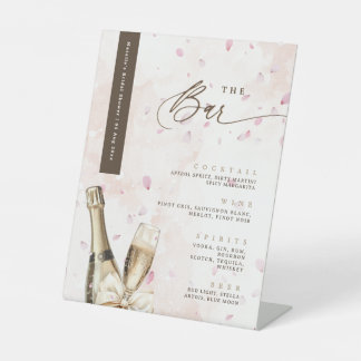 Elegante Bubbly Petals Bow Pink Bar Drinks Menu Sockelschild