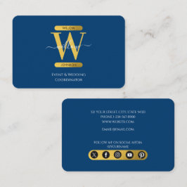 Elegante Bue & Gold Monogram Social Media Icons Visitenkarte