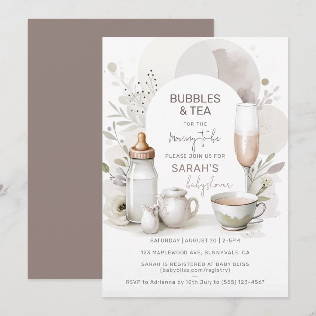 Elégante bulles et Baby shower de thé Invitation (Devant / Derrière)