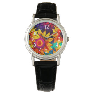 Elegante bunte Sonnenblume Flower Power Kunstwerk  Armbanduhr