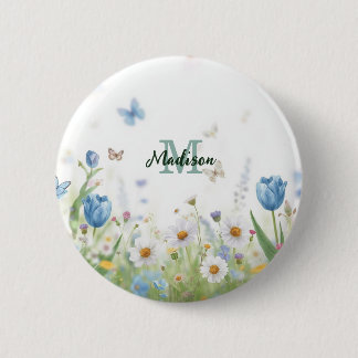 Elegante bunte Wildblumen-Blau-Schmetterling Button