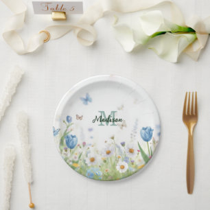 Elegante bunte Wildblumen-Blau-Schmetterling Pappteller