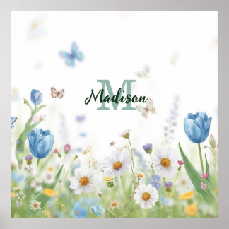 Elegante bunte Wildblumen-Blau-Schmetterling Poster