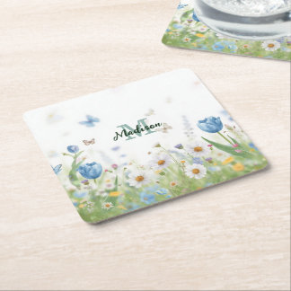 Elegante bunte Wildblumen-Blau-Schmetterling Rechteckiger Pappuntersetzer