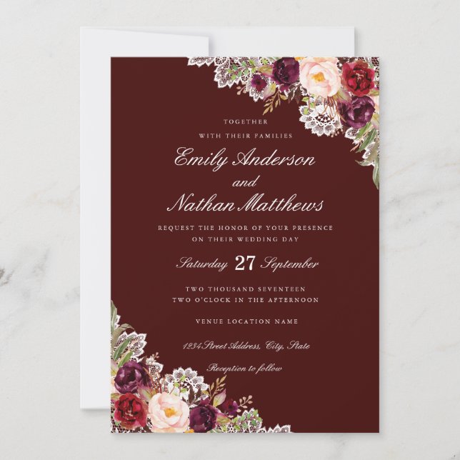 Elegante Burgund Blumenzelt Einladung zur Hochzeit (Vorderseite)