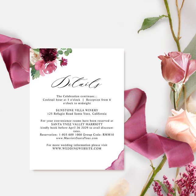 Elegante Burgund Blush Pink Hochzeitdetails Begleitkarte (Von Creator hochgeladen)