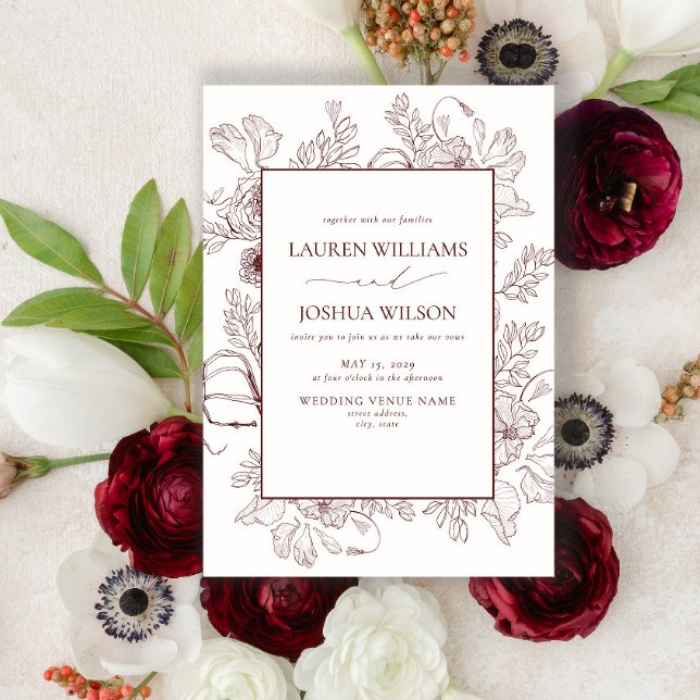 Elegante Burgund Floral Line Art Wedding Einladung (Von Creator hochgeladen)