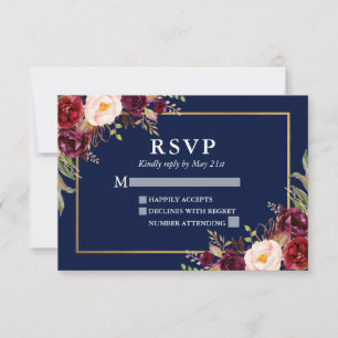 Elegante Burgund Floral Wedding Blue Gold UAWG RSVP Karte