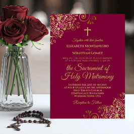 Elegante Burgund & Gold Moderne katholische Hochze Einladung
