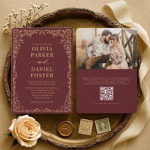 Elegante Burgund Gold QR-Code Foto-Hochzeit Einladung