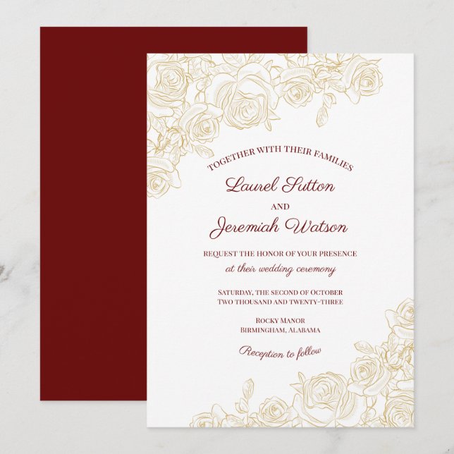 Elegante Burgund & Golden Rose Einladung Hochzeit (Vorne/Hinten)
