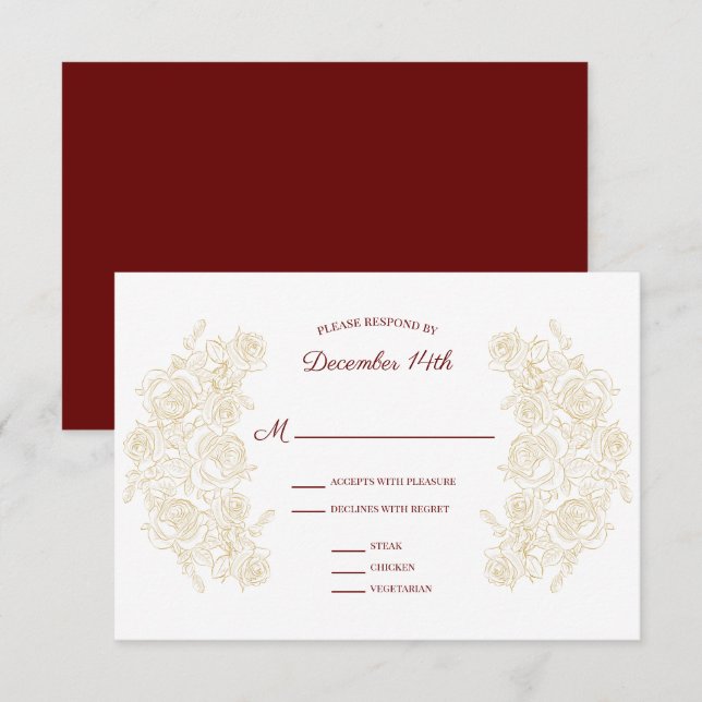 Elegante Burgund & Golden Rose RSVP Karte (Vorne/Hinten)