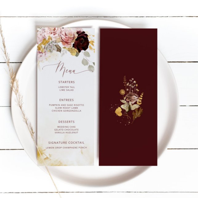 Elegante Burgund-Goldene Hochzeit Menükarte (Von Creator hochgeladen)