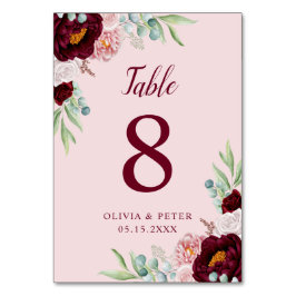 Elegante, Burgund Marsala Pink Wasserfarbe Blume Tischnummer