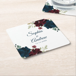 Elegante Burgund & Navy Rustikal Holz Hochzeit Rechteckiger Pappuntersetzer
