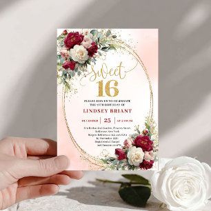 Elegante Burgund-Oro-Floral-Einladung Süße 16 Einladung