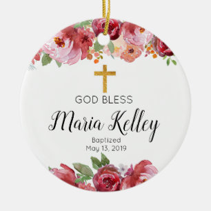 Elegante Burgund Personalisiert Girl-Taufe Keramik Ornament