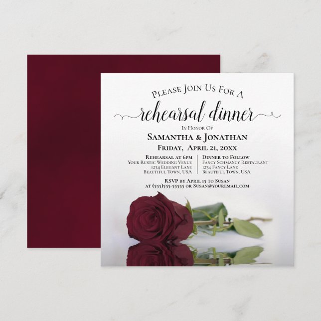 Elegante Burgund Rose Hochzeit Probe & Abendessen Einladung (Vorne/Hinten)