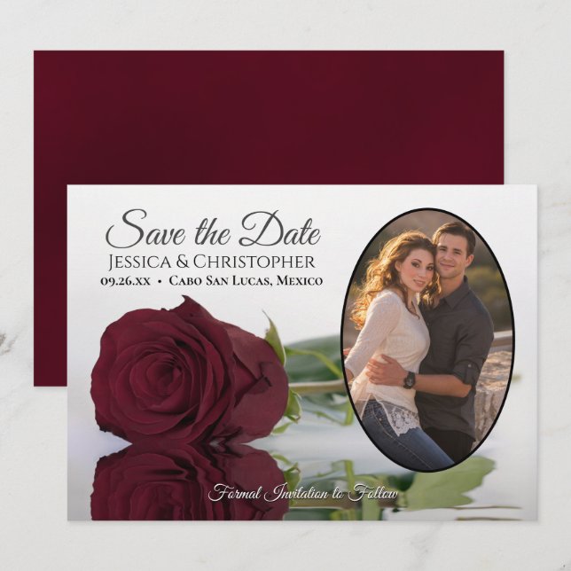Elegante Burgund-Rose mit Oval Foto Hochzeit Save The Date (Vorne/Hinten)