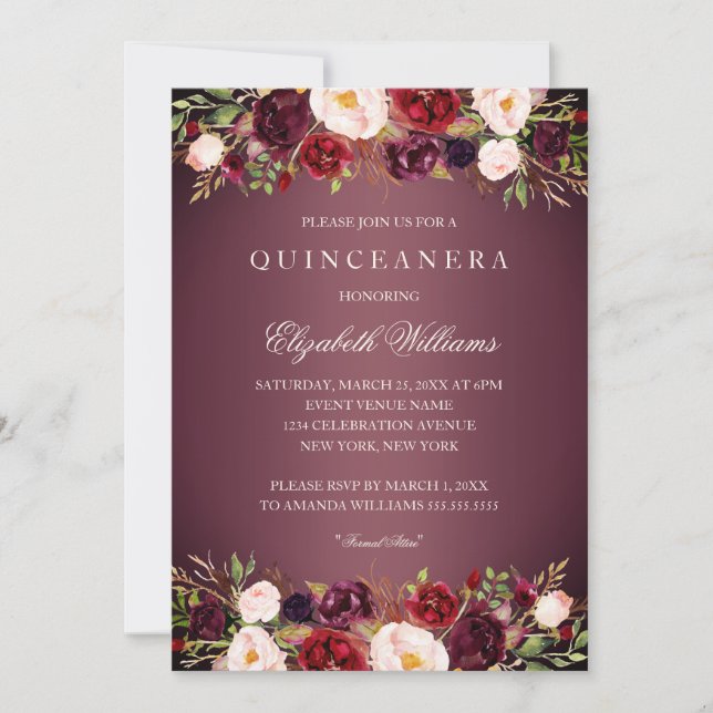 Elegante Burgund Rose Quinceanera Einladung (Vorderseite)