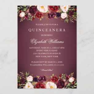 Elegante Burgund Rose Quinceanera Einladung