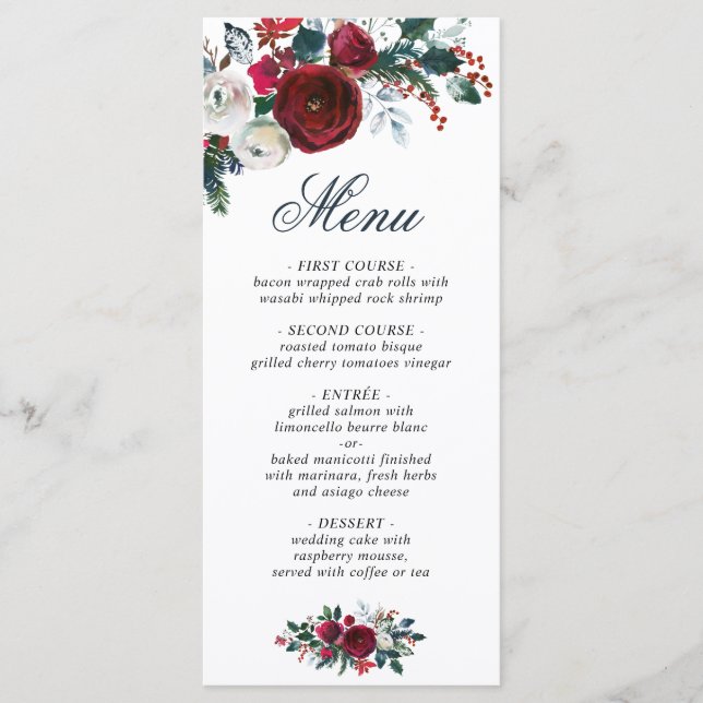 Elegante Burgund Rose Wintergrün Hochzeit Menükarte (Vorderseite)