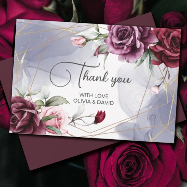 Elegante Burgund Rote Rosen Wasserfarben Dankeskarte (#Romance #redroses #thankyoucard#FloralRomance #romanticburgundy #Blush #elegantinvitation)