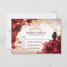 Elegante Burgund und Gold Rosen Quinceañera RSVP  