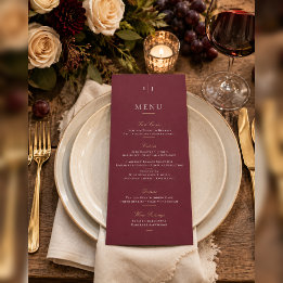 Elegante Burgund- und Gold-Weingut-Hochzeit Menükarte