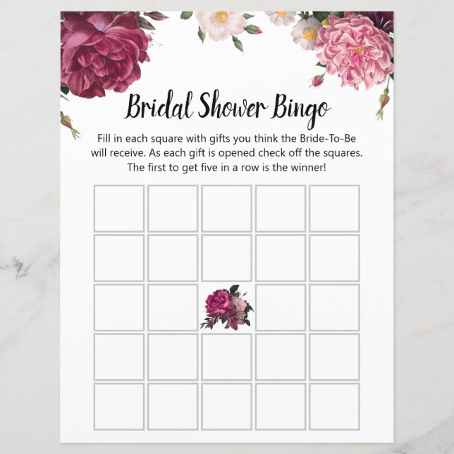 Elegante Burgund und rosa Blume Bridal Bingo (Vorderseite)