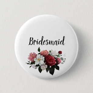 Elegante Burgund- und rosa Blumen Brautjungfer Button