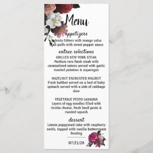 Elegante Burgund- und rosa Blumen Menükarte