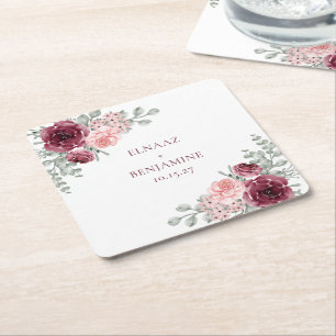 Elegante Burgund und Rosa Rosen Aquarell-Hochzeit Rechteckiger Pappuntersetzer
