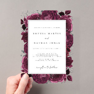 Elegante Burgund und Silberne Rose klare Hochzeit Acryleinladungen