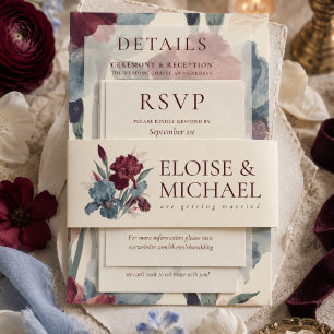 Elegante Burgund und Staubblau Florale Hochzeit Einladungsbanderole