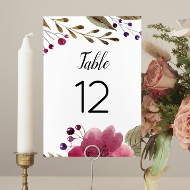 Elegante Burgund Wasserfarben-Blume Hochzeit Tischnummer (Von Creator hochgeladen)