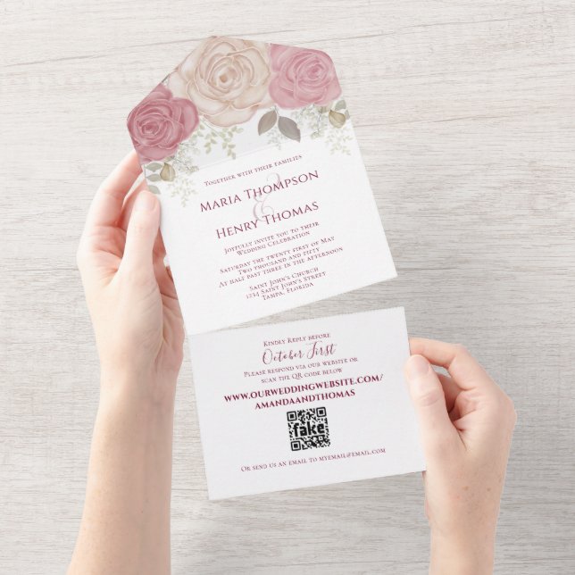 Elegante Burgund Wasserfarben Rose All In One Einladung (Abreißen)