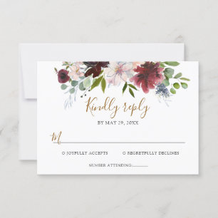 Elegante Burgund Weinblumen-Hochzeit mit Grün RSVP Karte