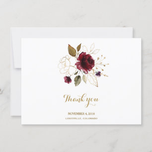 Elegante Burgund Weinrot Gold Blumen Hochzeit Dank Dankeskarte
