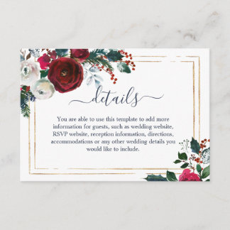 Elegante Burgund Winter Rose Hochzeiten Details Begleitkarte