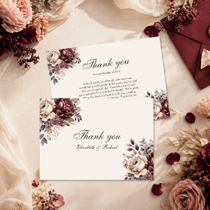 Elegante Burgunder Boho Blumenhochzeit Dankeskarte