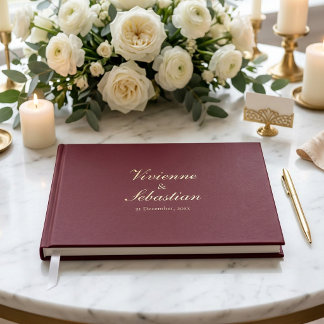 Elegante Burgunder-Gold-Schrift Minimalistische Ho Gästebuch