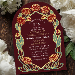 Elegante Burgunder-Pfingstrose Art Nouveau Florale Einladung