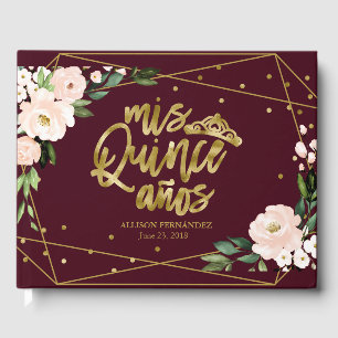 Elegante Burgunder-Rosé-Blumen-Gold-Quinceanera Gästebuch