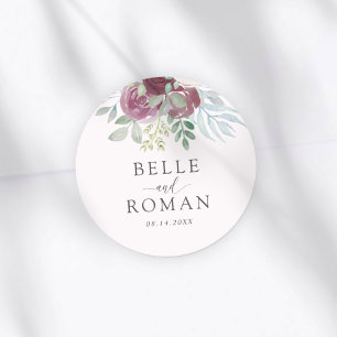 Elegante Burgunder-Rosen-Watercolor-Hochzeit   Runder Aufkleber