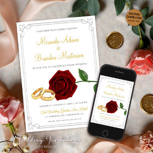 Elegante Burgunder Rote Rosen und Rings Wedding Einladung